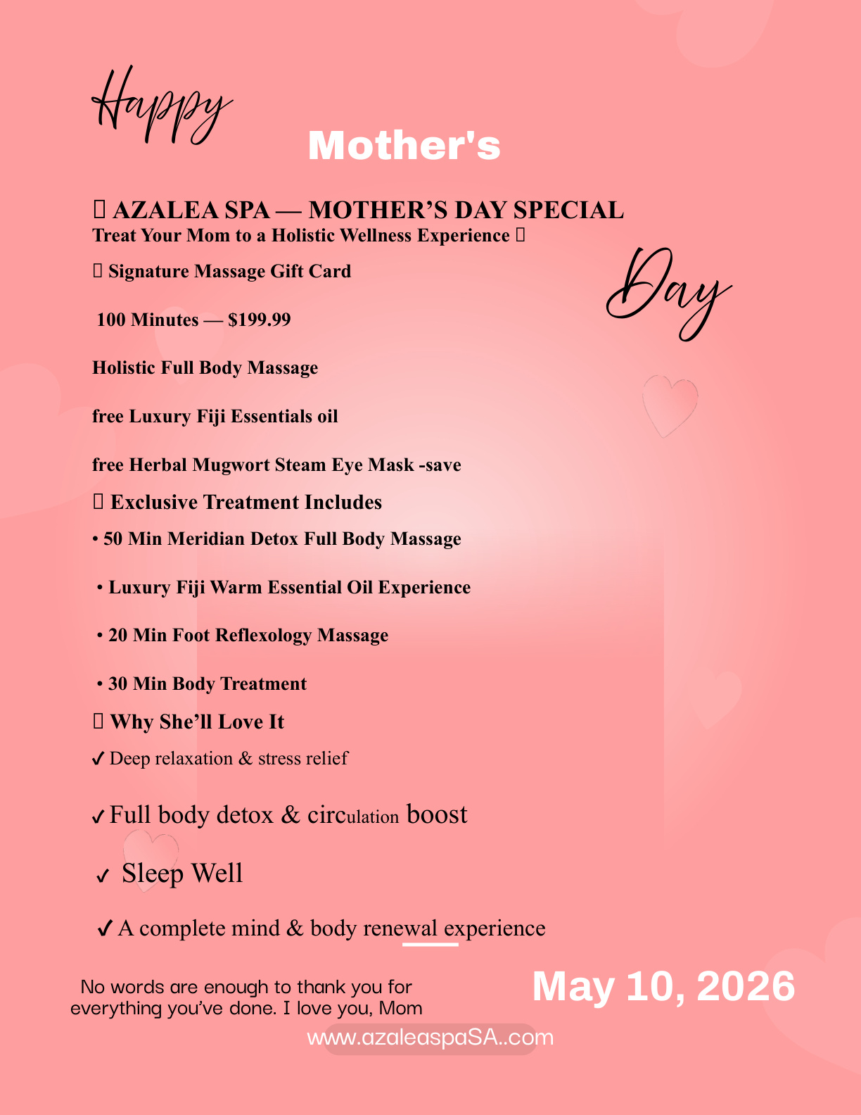 Azalea Spa Mother's Day Special — Signature Massage Gift Card 100 Minutes $199.99